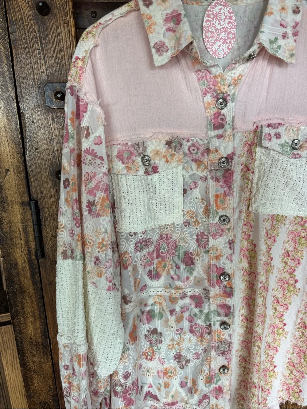 POL Patchwork Floral Button-Up Shirt Jacket in Pink & Cream - Picture 2 of 10